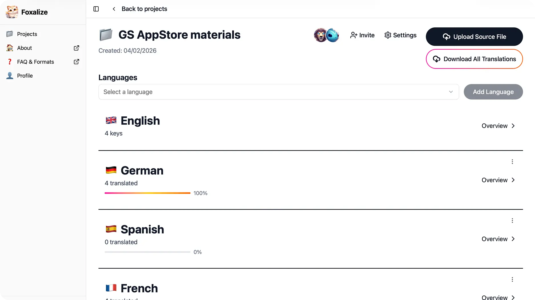 Foxalize app interface showing translation management